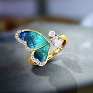 New Women’s Yellow Gold Plated Butterfly Adjustable Diamond Ring